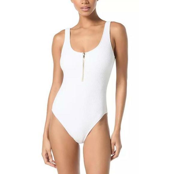MICHAEL Michael Kors Women's Zip-Front White One-Piece Swimsuit 10 - Picture 1 of 3